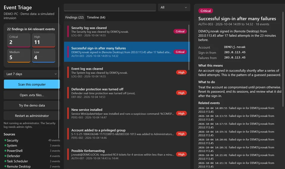 Event Triage: findings from Windows event logs sorted by severity with attack details
