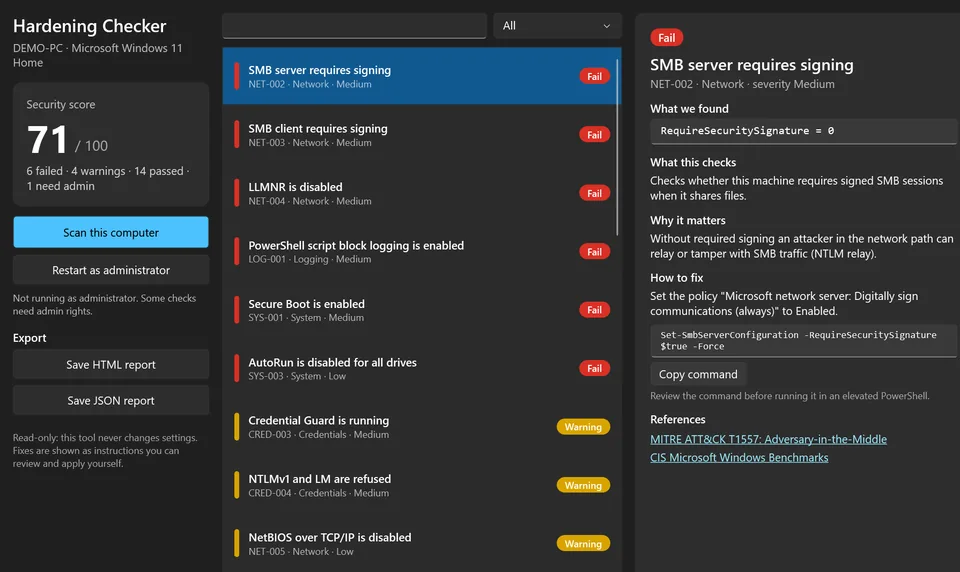 Hardening Checker: Windows security score and a list of findings with fixes